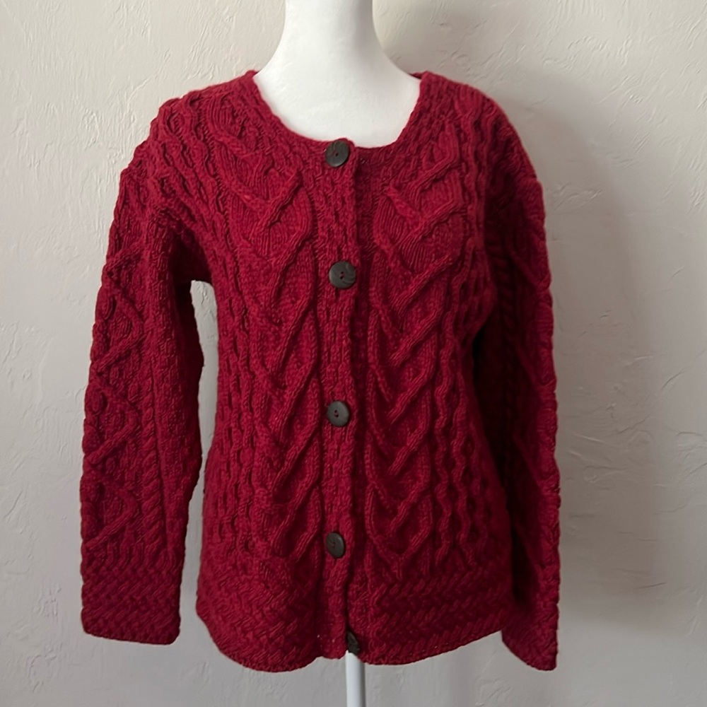 Aran cardigan sweater. EUC. The color is a little deeper red than the photos.